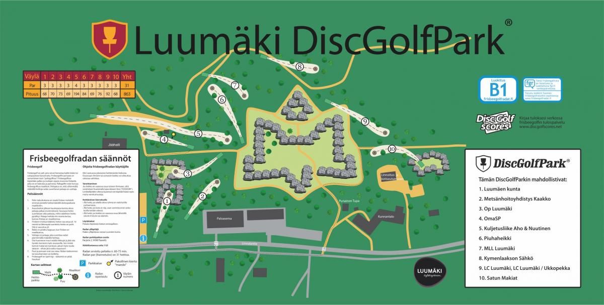 Karttakuva Luumäki DiscGolfParkista ja sen säännöistä.